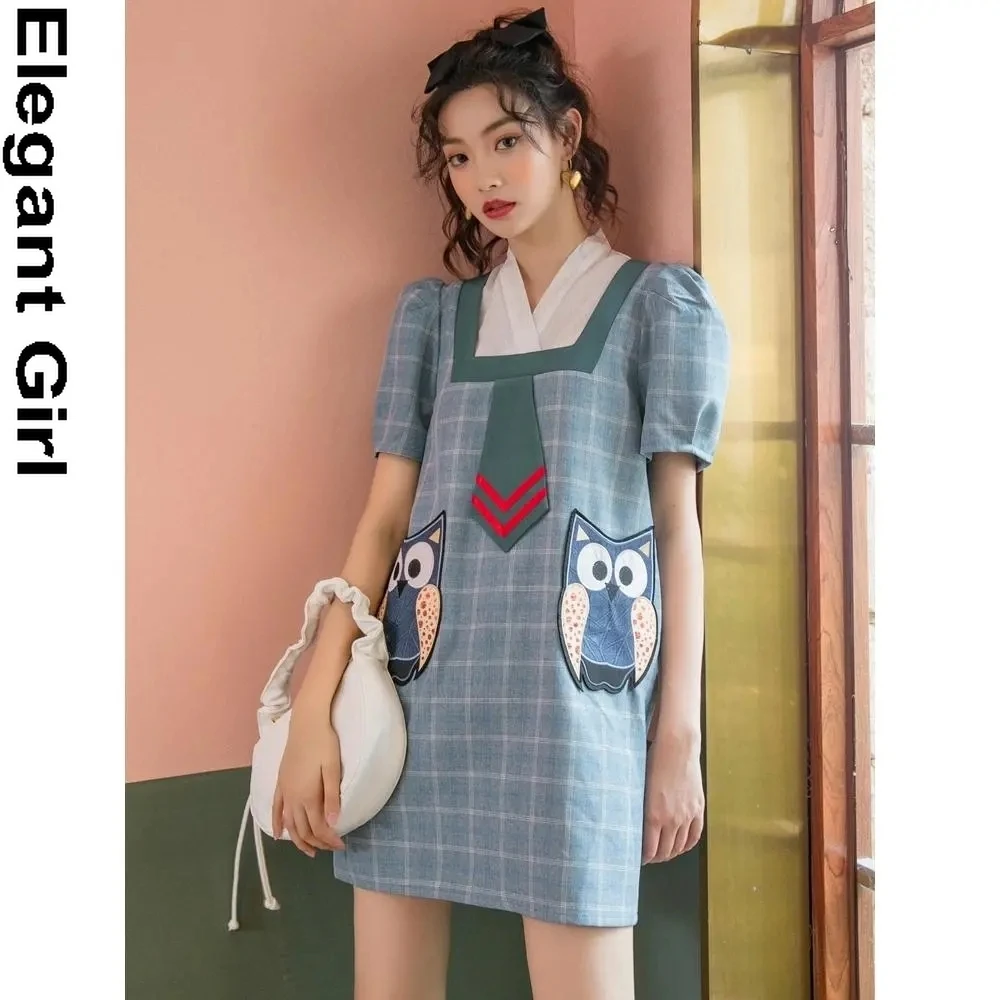 

Summer New Design Owl Embroidery Dress Elegant Vintage Clothing Korean Preppy Style Plaid Splicing Robe Femme Puff Short Sleeve