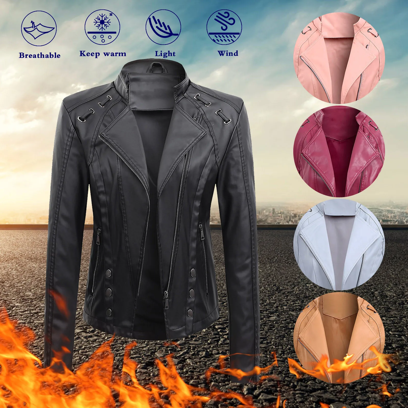 

Women Faux Leather Jacket Buttons Long Sleeve Streetwear Motorcycle Casual Leather Jacket