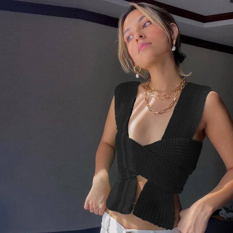 

EasyGarment 2021 New Arrival Knit Sweater Vest Crop Top Solid Outfit Waistcoat Chic Top Super Sexy String Sleeveless Sweater