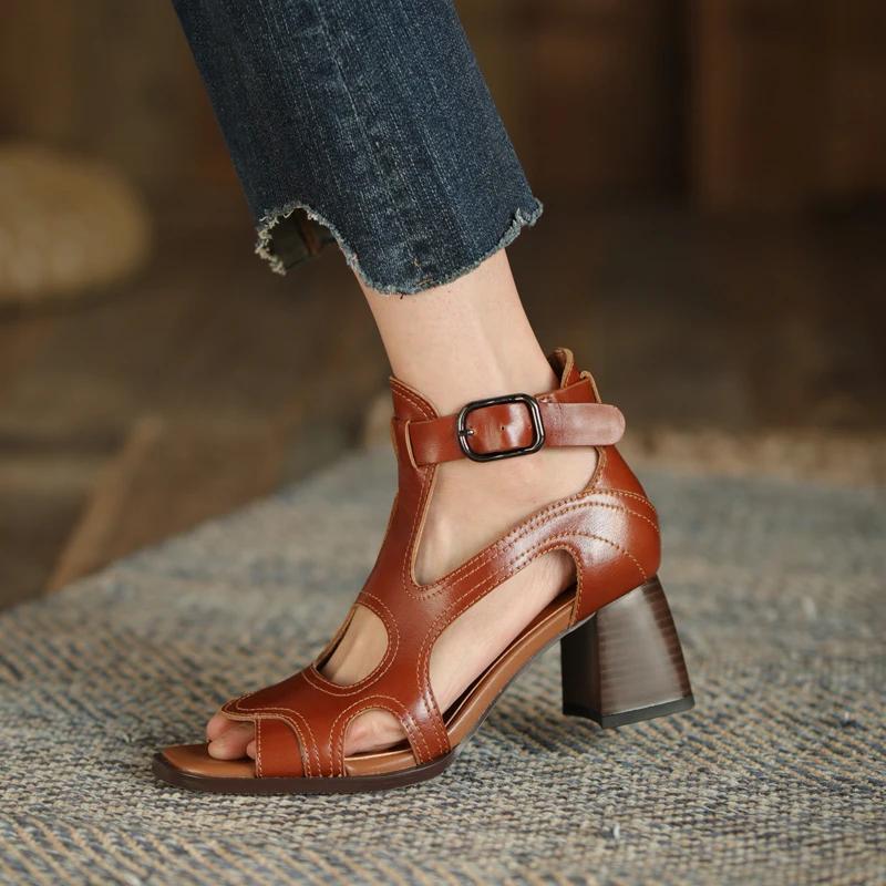 

2021 Women Sandals 22-24.5cm length Vintage roman sandals Cowhide/cow suede high heels designer sandals Fashion all-match