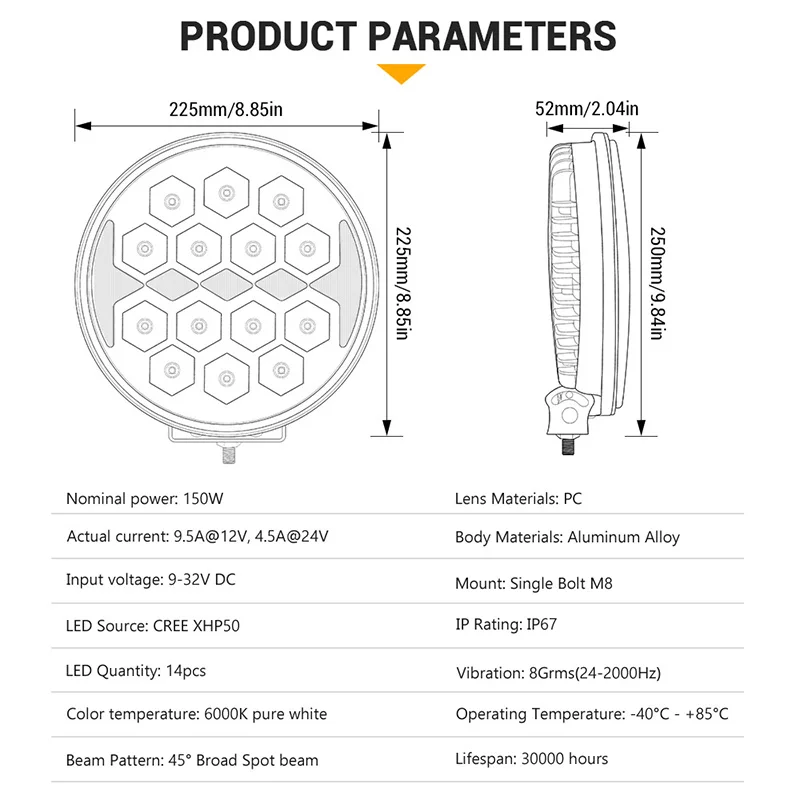 9 дюймов светодиодный рабочий светильник круглые водительские пятно луча 6000 К