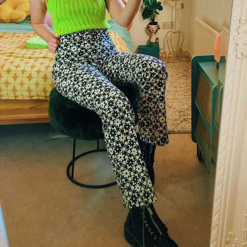 

High Waist Streetwear Slim Long Pants Brown Print Vintage 2021 Y2K Fashion Outfits Club Bottoms Trousers Female Harajuku Capris