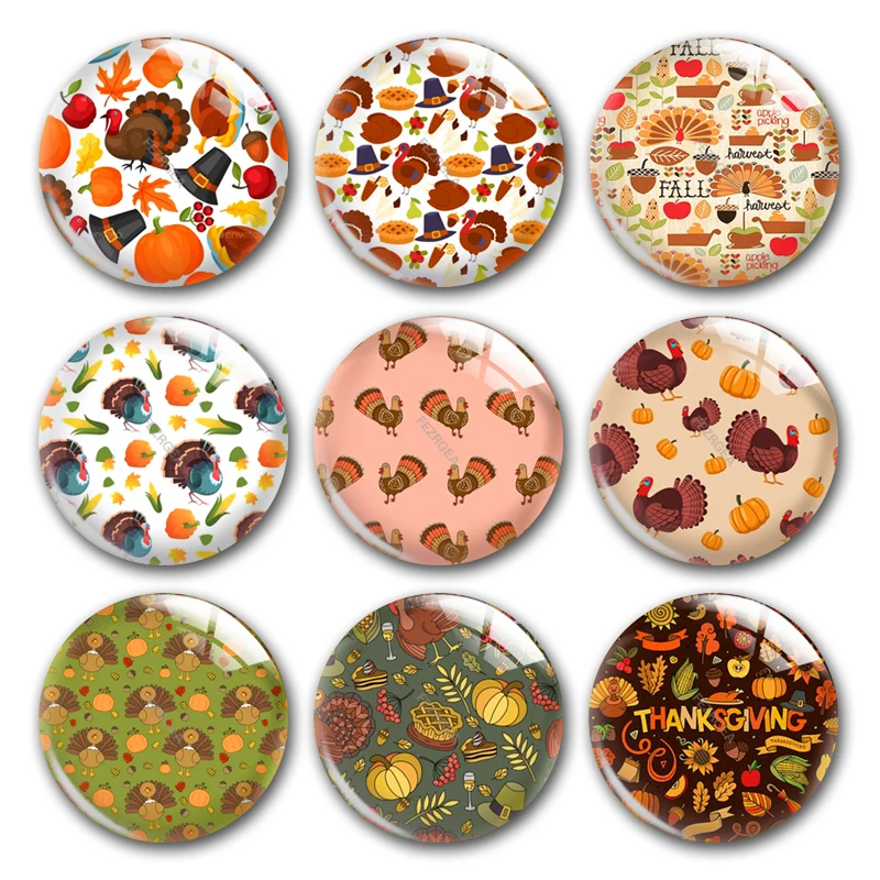 

Handmade Thanksgiving Turkey Dinner Celebration Round Photo Glass Cabochons Demo Flat Back DIY Jewlery Making Findings Accessory