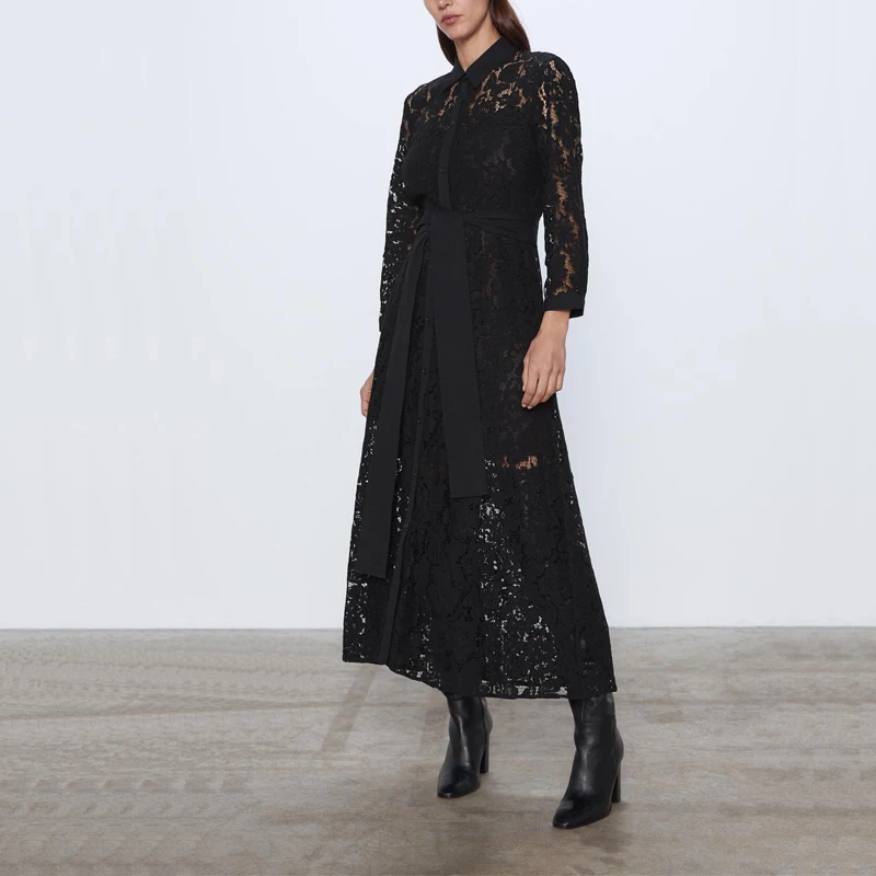 Осеннее женское Повседневное платье однотонное кружевное с отложным воротником