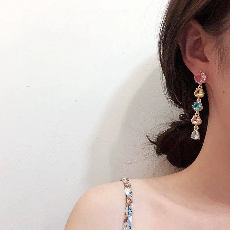 MENGJIQIAO новые корейские красочные блестящие хрустальные длинные висячие серьги для женщин элегантные Mujer Moda вечерние Pendientes Ювелирные изделия Подарки