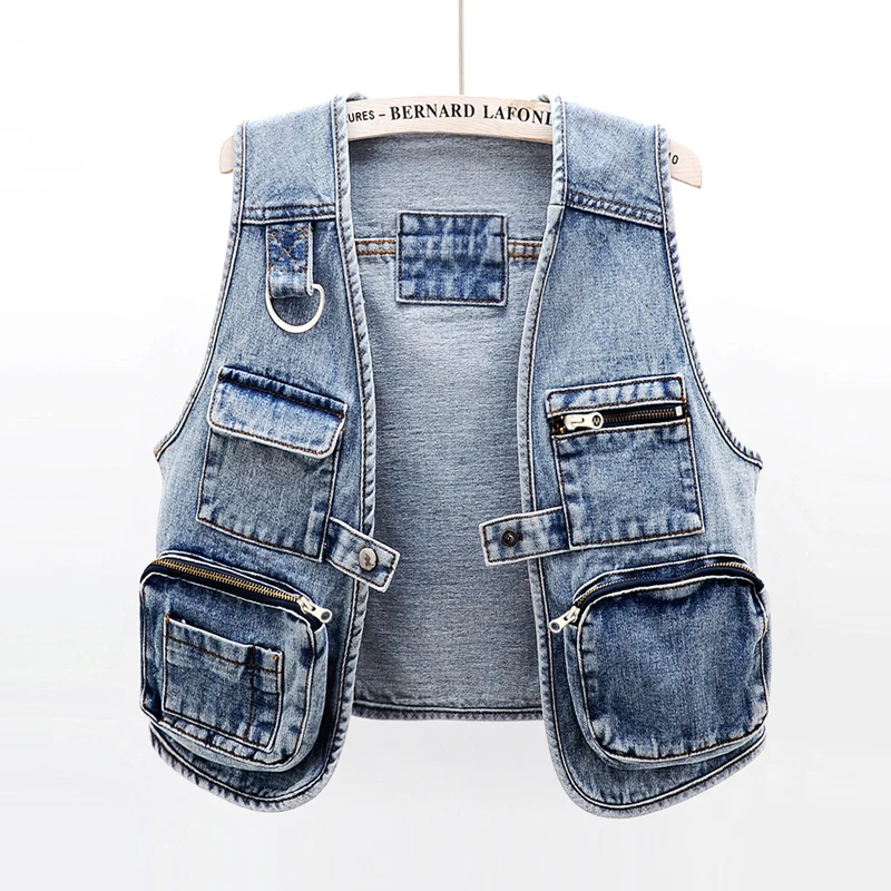 

Korean Big Pocket Short Denim Vest Women Washed Blue Waistcoat Casual Sleeveless Jacket Coat Casual Loose Jeans Vests Female