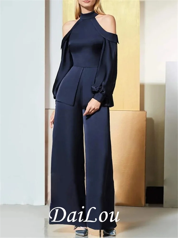 

Jumpsuits Minimalist Elegant Wedding Guest Prom Dress Halter Neck Long Sleeve Floor Length Spandex with Sleek Draping 2021