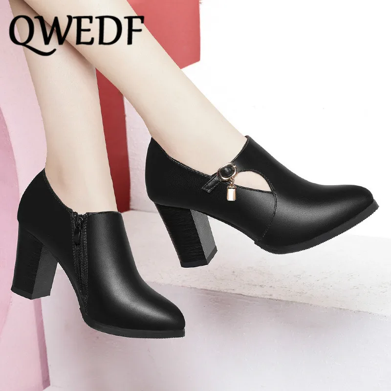 Женские туфли на высоком каблуке из толстой кожи 2019 весна большой Размеры с