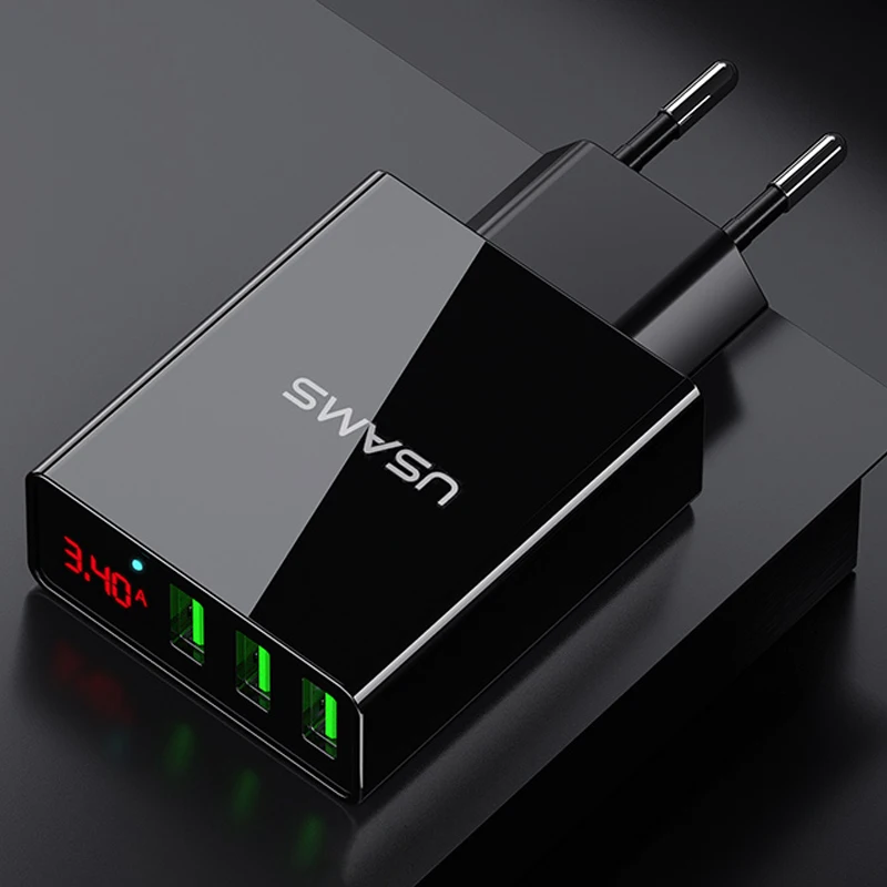 USAMS 3 USB зарядное устройство для телефона, зарядное устройство для мобильного телефона, светодиодный дисплей, макс. 3А, Европейское настенное зарядное устройство для iPhone, samsung, Xiaomi, зарядное устройство, USB адаптеры