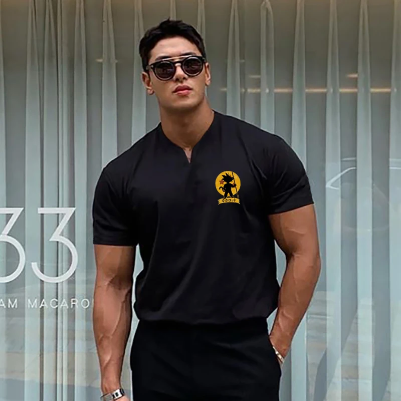 

2021 New Mens Fashion Short Sleeve Fitness Tshirt Cotton Clothing Bodybuilding Breathable Casual Sports Running V-neck T Shirts