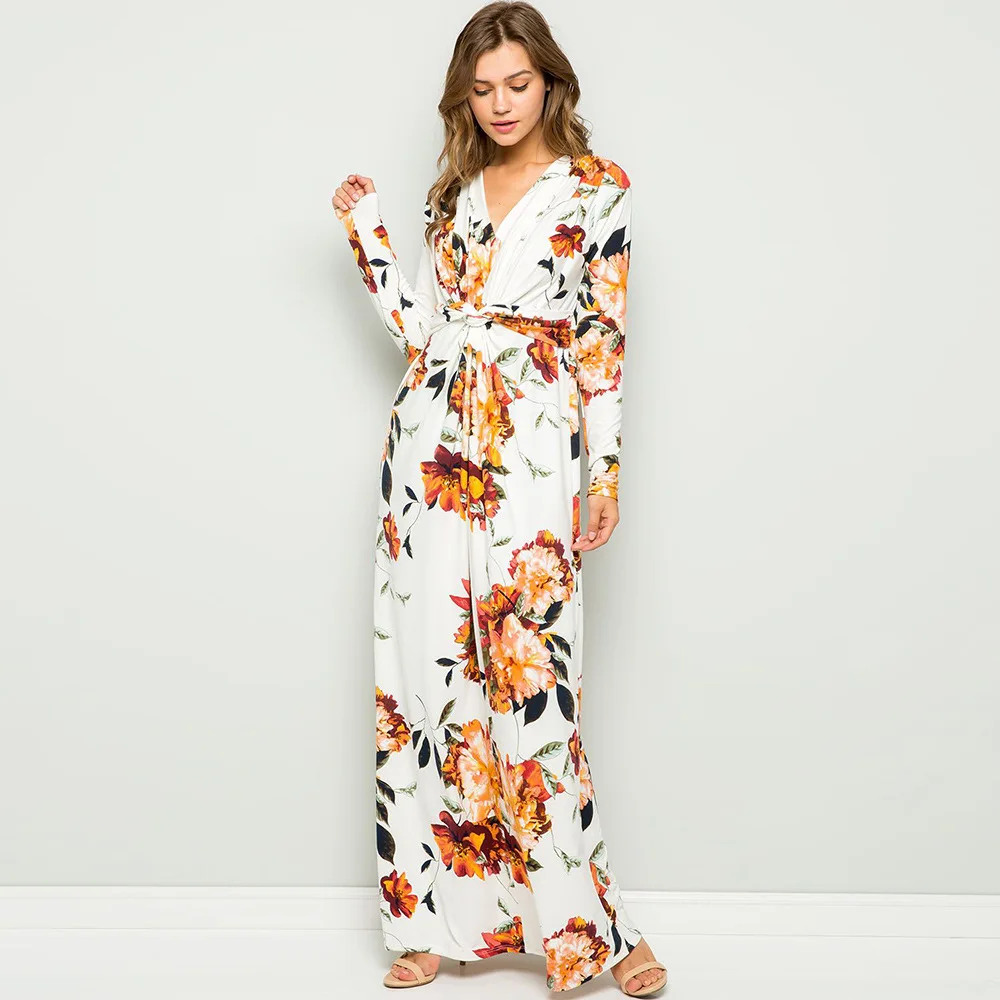 

Autumn Long Dress Women Casual Floral Print Beach Dresses Sexy V Neck Long Sleeve High Waist Tunic Maxi Dress Vestidos De Mujer