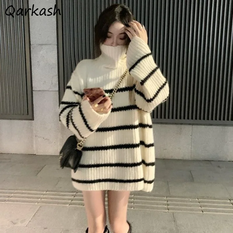 

Sweater Women 2021 Fall Knitted Long Sleeve Turtleneck Jumper Soft Warm Femme Lazy Thicker Striped Cozy Loose-fitting All-match