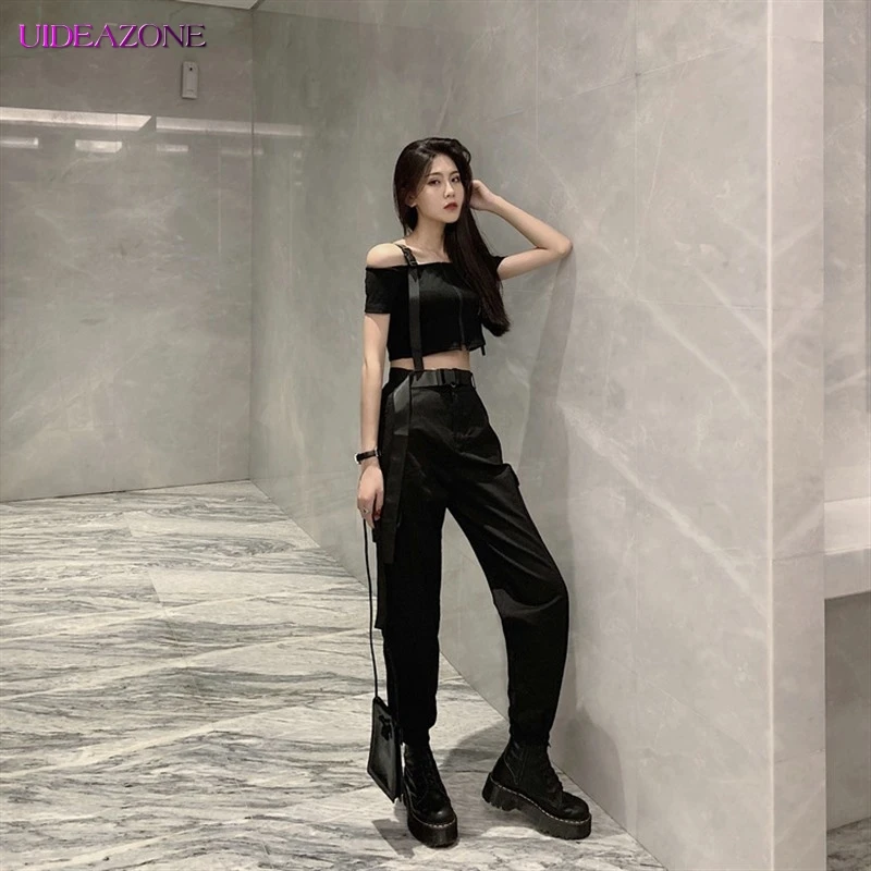 UIDEAZONE модные спортивные штаны для женщин черный пояс уличная одежда лоскутные