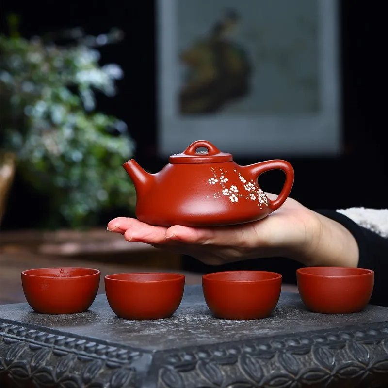 

★Yixing purple clay pot factory direct sales] raw Dahongpao full hand painted plum blossom stone ladle pot tea set