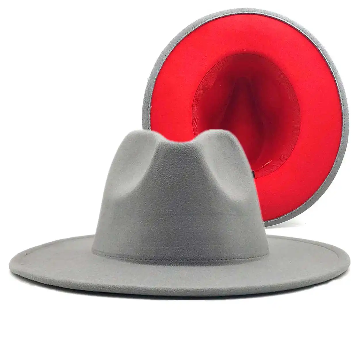 

Patchwork gray red Wool Felt Jazz Fedora Hat Women Unisex Wide Brim Panama Party Trilby Cowboy Cap Men Gentleman Wedding Hat XL