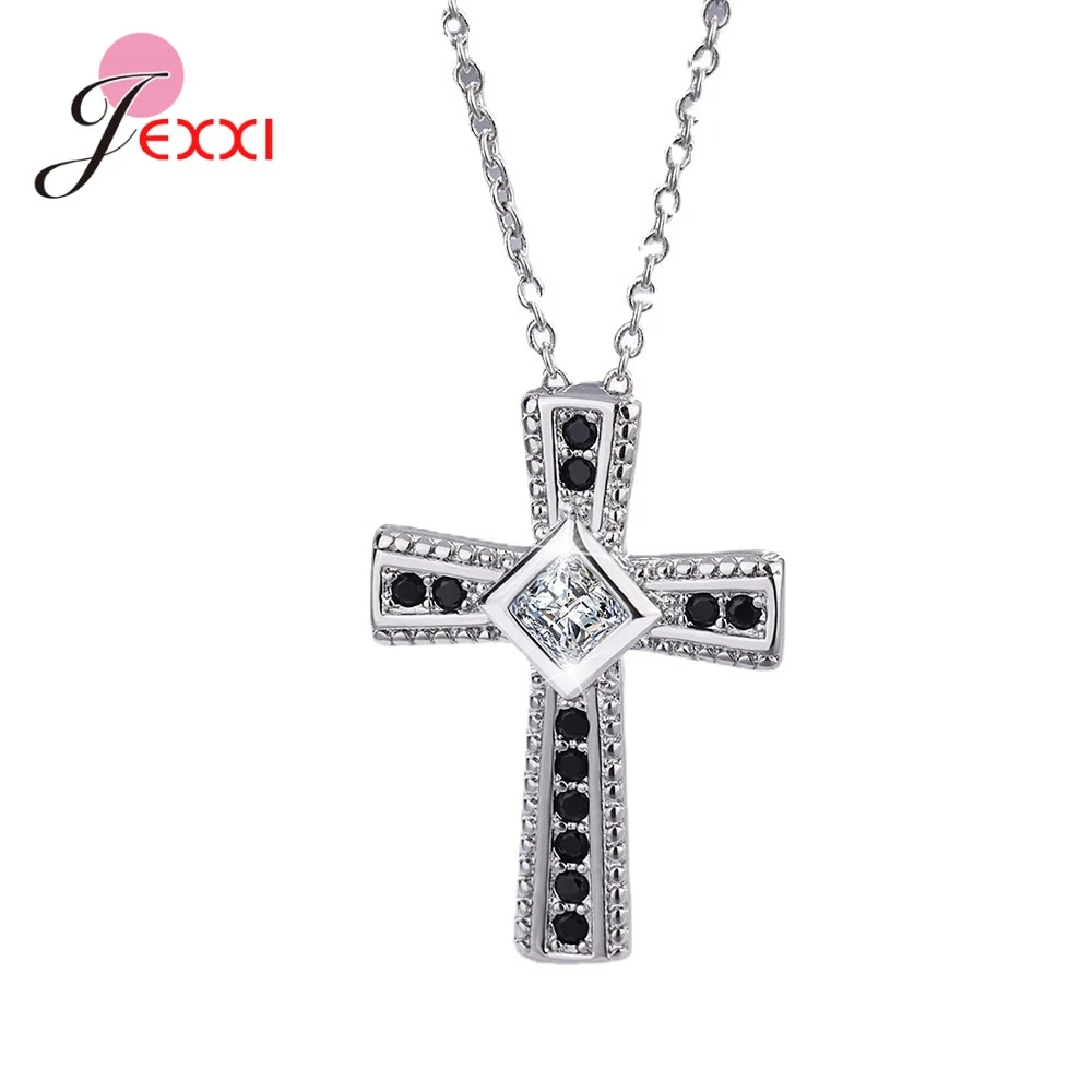 

Fashion Retro Black Zircon Stone 925 Sterling Silver Cross Pendant Chain Necklace for Women Men Fashion Jewelry Birthday Gift