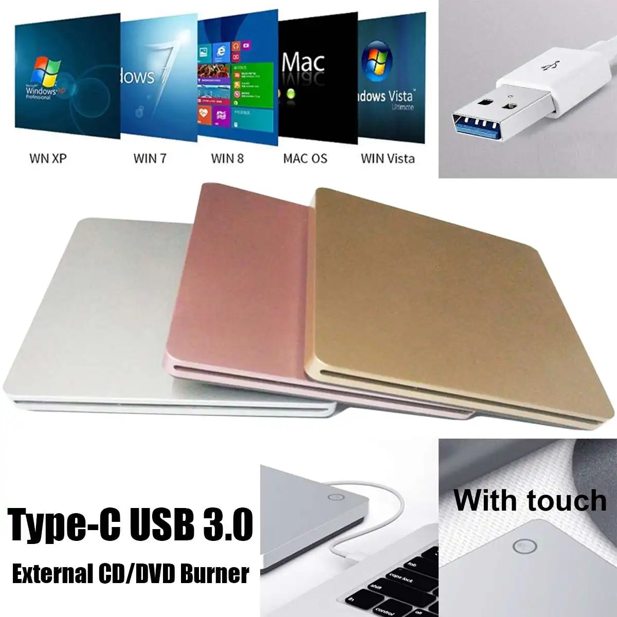 

Оптический привод USB 3,0/TYPE-C DVD-ROM CD RW CD-ROM, сенсорный Внешний DVD-проигрыватель, рекордер для Macbook, ноутбука, компьютера, ПК, Win7/8/10