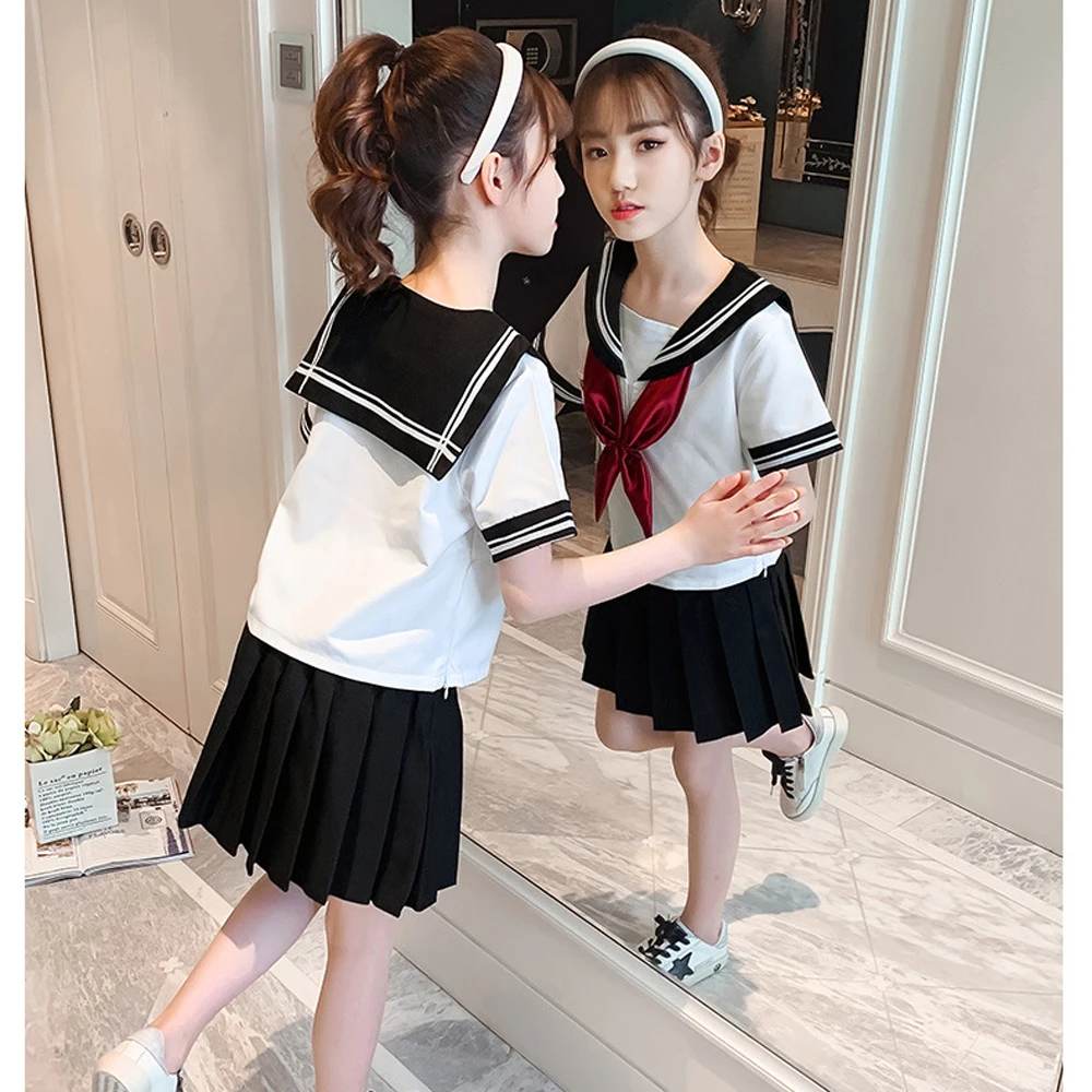 

Cute Sailor suit Long sleeve JK School uniform sets for girls White shirt and Black pleated skirt suits Student Cosplay