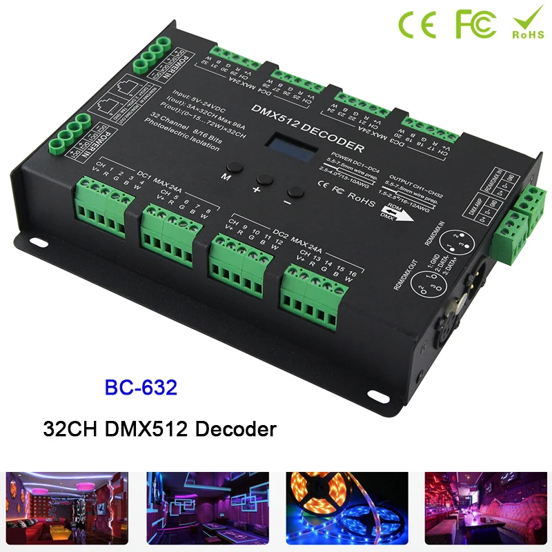 

BC-632,32CH DMX-PWM Decoder Controller DC5V-24V Constant Voltage DIM /CT /RGB /RGBW 4 modes switch led Strip driver