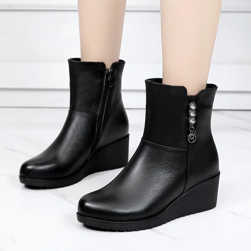 

GKTINOO Fashion Wedges Women Boots Genuine Leather Mid Calf Winter Warm Boots High Heels Women Boots Botas Mujer Big Size
