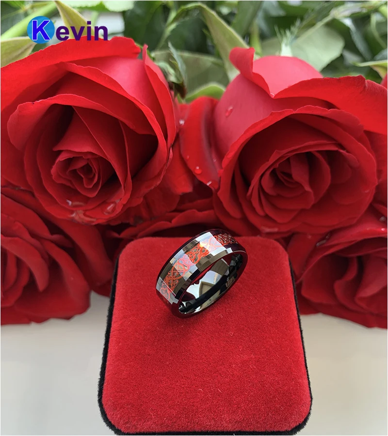 Mens Womens Engagement Wedding Rings Tungsten Ring With Black Carbon Fiber And Red Dragon Inlay | Украшения и аксессуары