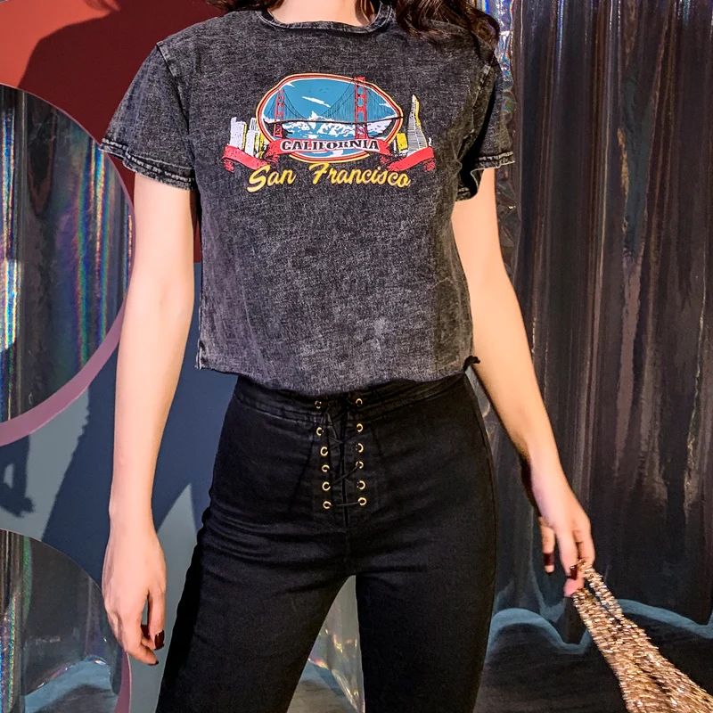 

2019 Ins Style To Make Old Vintage Printed Grey Short T-shirt Cotton O-Neck Loose Streetwear Slight Elasticity T Shirt