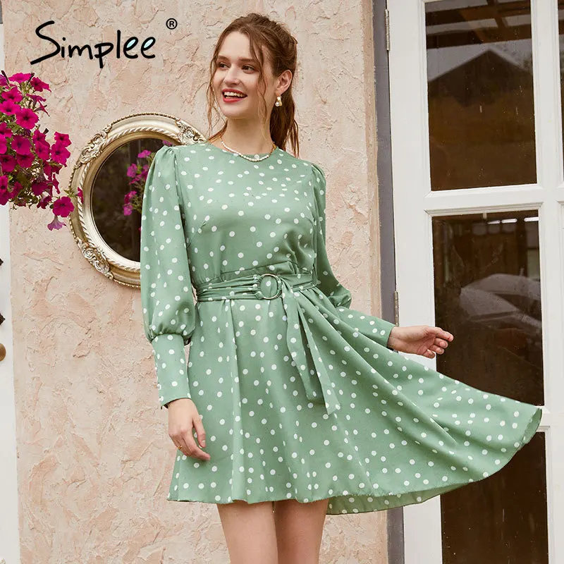 Simplee Commute вырез лодочкой в горошек зеленое женское платье с длинным рукавом