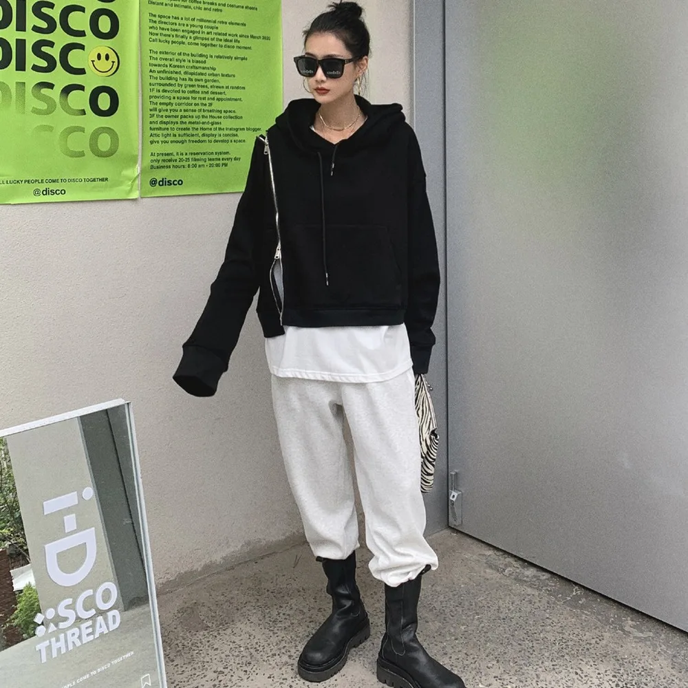 

New 2021 Korean Fashion Black Pullover Hoodies Goth Oversize Off Shoulder Hip Hop Style Street Sweatshirt Women Clothes Harajuku