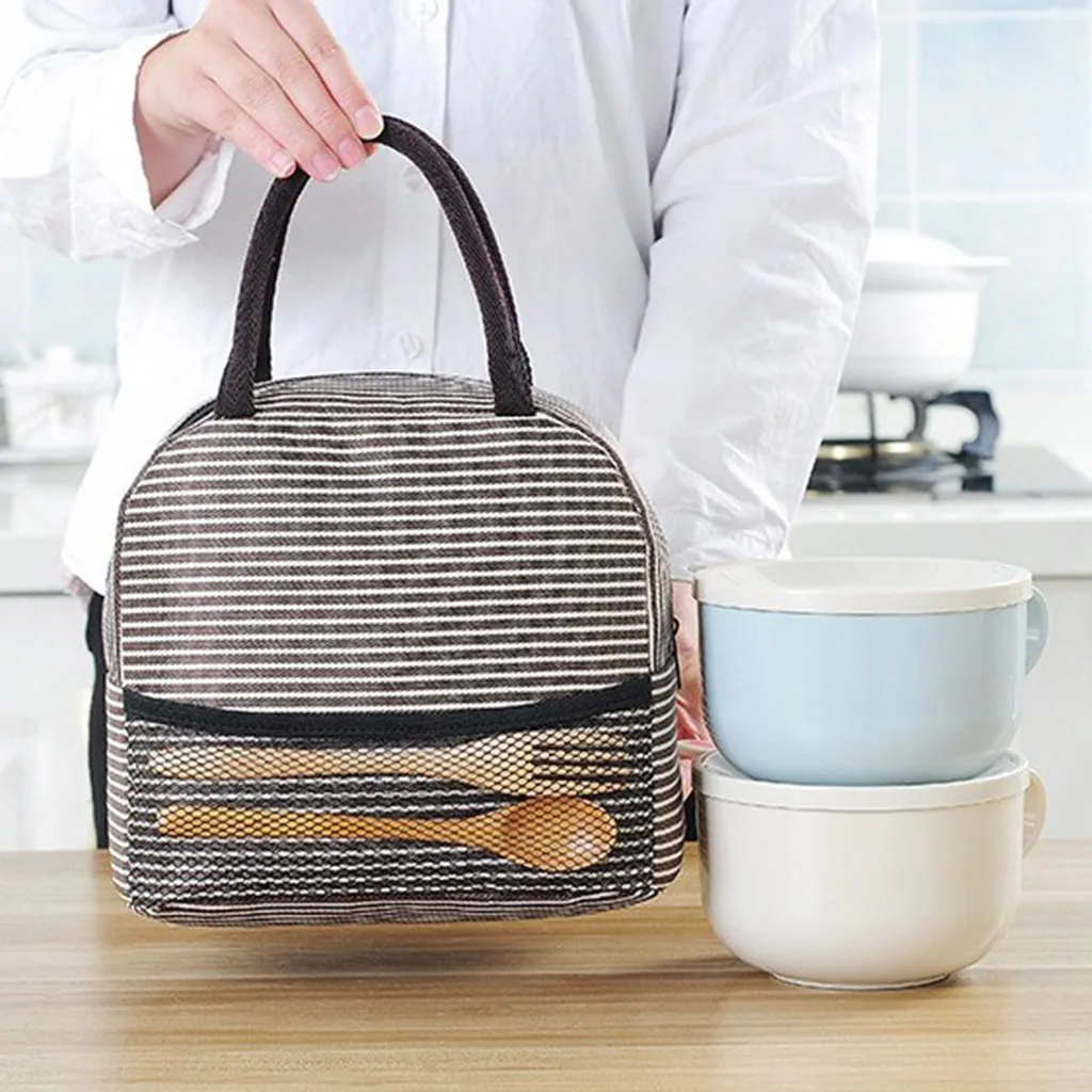 Портативный полосатый ланч бокс портативный изолированный холст Термосумка для