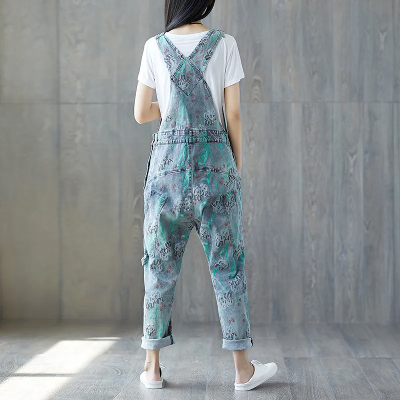 Wide Leg Bib Denim Overalls 2020 Women Vintage Printed Flower Big Pocket Jean Jumpsuit Female Oversize Drop Crotch Rompers | Женская