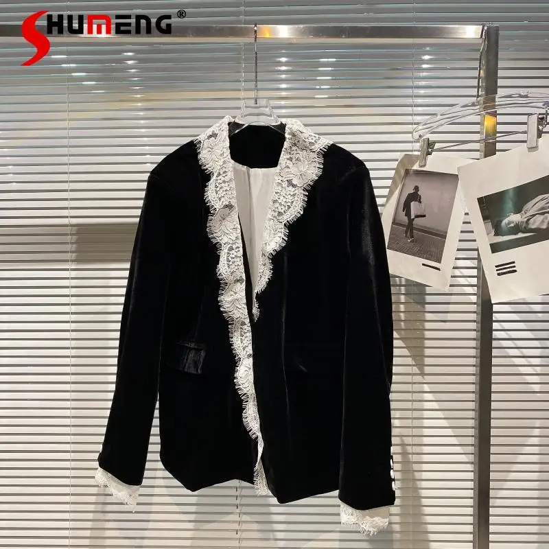 

2021 Fall New Lace Solid Color Fake Two-Piece Design Velvet Business Suit Women's Fashion Elegant Office Lady Patchwork Blazers