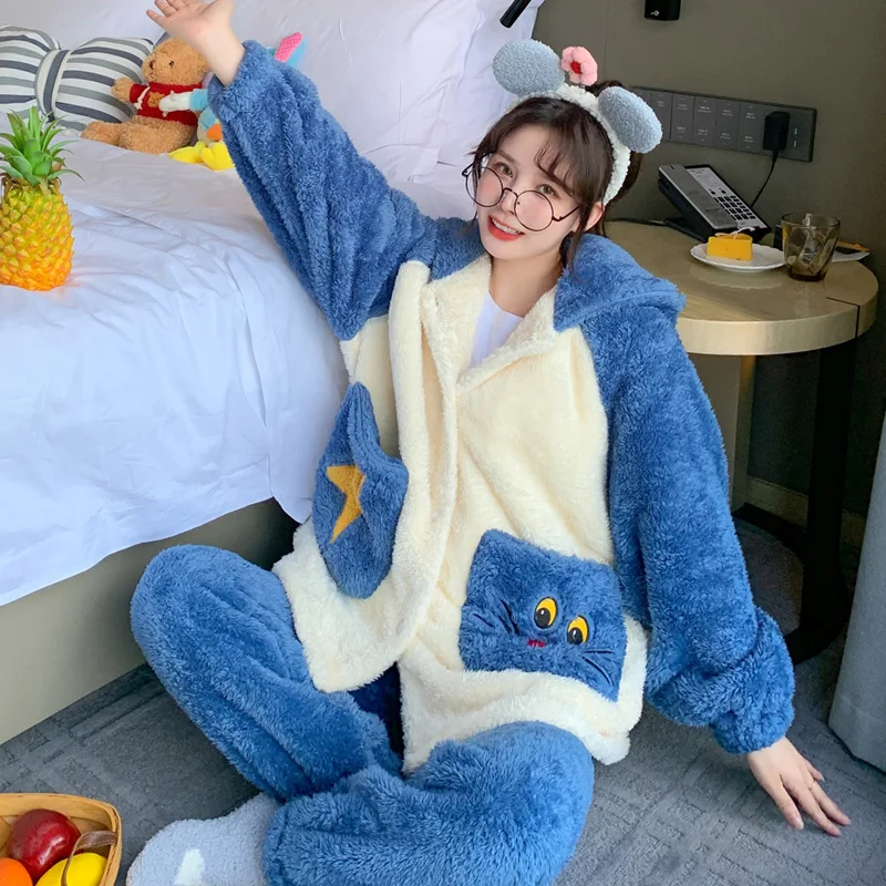 Winter Pajamas Women Sleepwear Plush Inspissate Nightgown Hooded High Quality Packed Thicken женский Loose Version Pajama Set