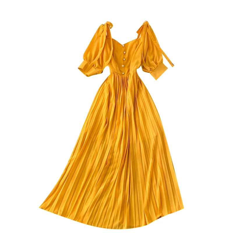 

Women Elegant Solid Pleated Dress French Retro Square Collar Puff Sleeve A-line Dress Summer Holiday Beach Long Dress