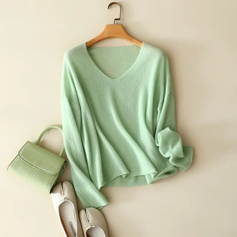 

100% cashmere v neck sweater women drop shoulder fashion pullovers knitted ladies chic solid color pullovers