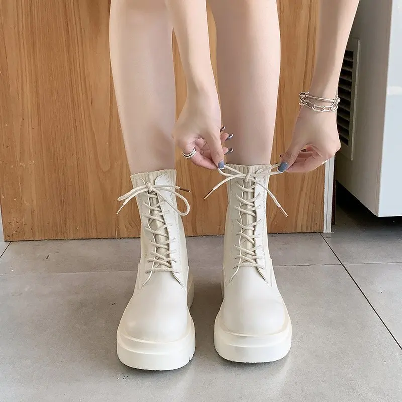 

Women's Boots Stretch Fabric Sock Boots Female Shoes Thick Bottom Round Toe Non-slip Ankle Booties Autumn Fashion Lace Up Shoes