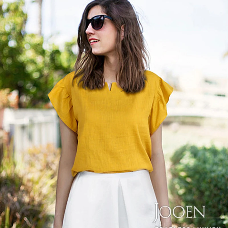 

FOOLMANLOU 2021 Summer Women T-Shirts Casual Flax High-Quality Solid Short Sleeves V-Neck T Shirt Soft Women Tops