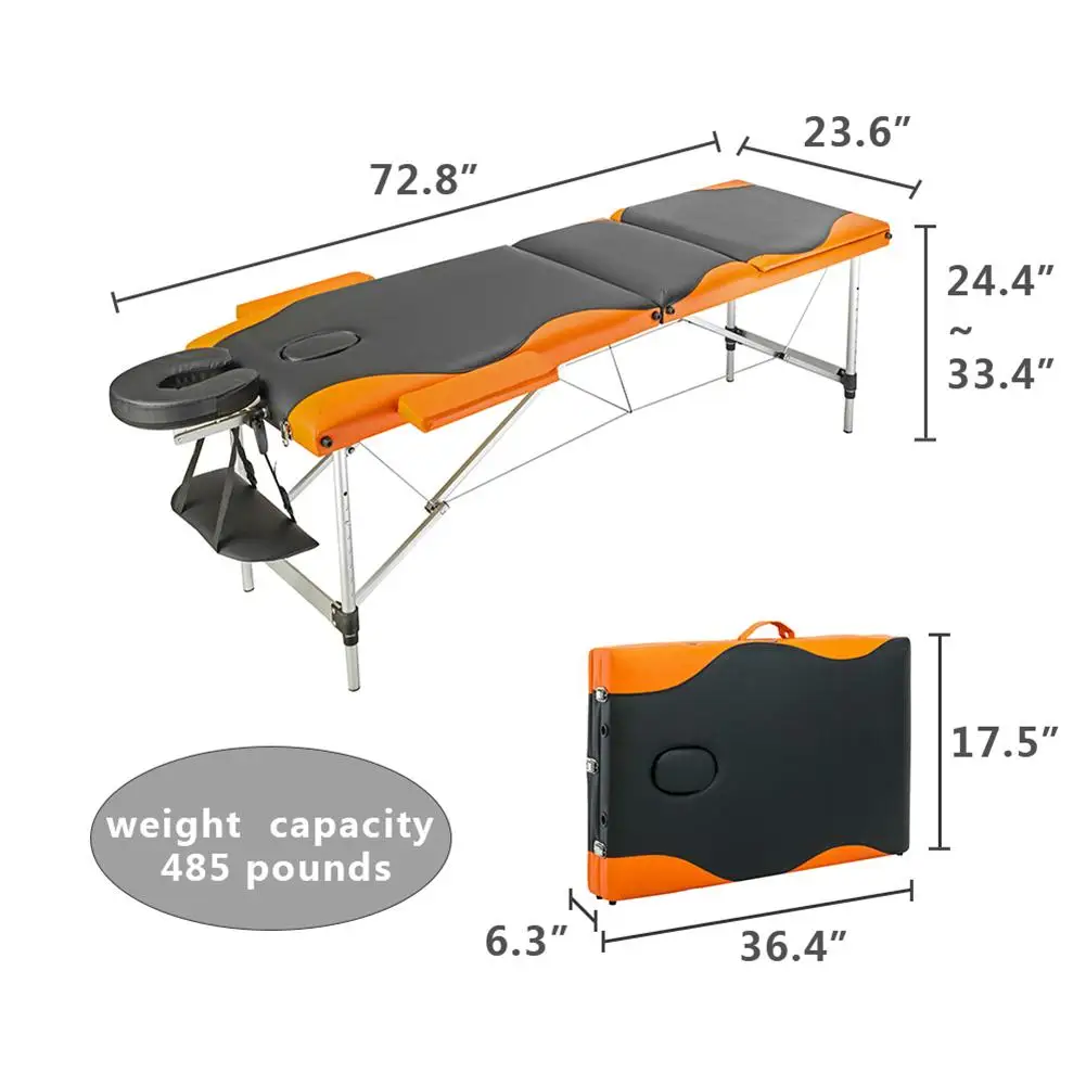 

Aluminum Tube Professional Portable 3-Section Folding Massage Table 185cm Length 60cm Width SPA Beauty Bed Salon Furniture