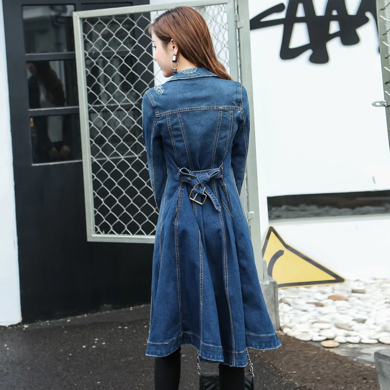 

Women Windbreaker Slim Fit Spring New Casual Boyfriend Long Trench Coat OL Style Belt Frayed Blue Denim Trench Female M-XL