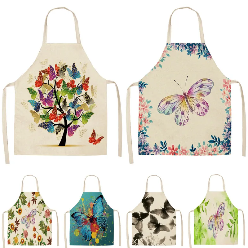 

Butterfly Printed Kitchen Aprons for Women Cotton Linen Home Cooking Baking Waist Bib Pinafore Cleaning Tools Baking Accessories
