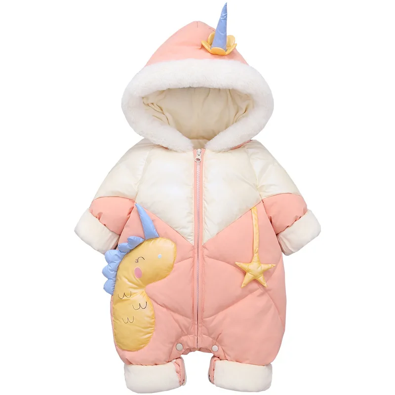 

OLEKID 2021 Plus Velvet Winter Baby Girl Romper Cartoon Dinosaur Hooded Newborn Down Overall Coat Toddler Girl Jumpsuit Snowsuit