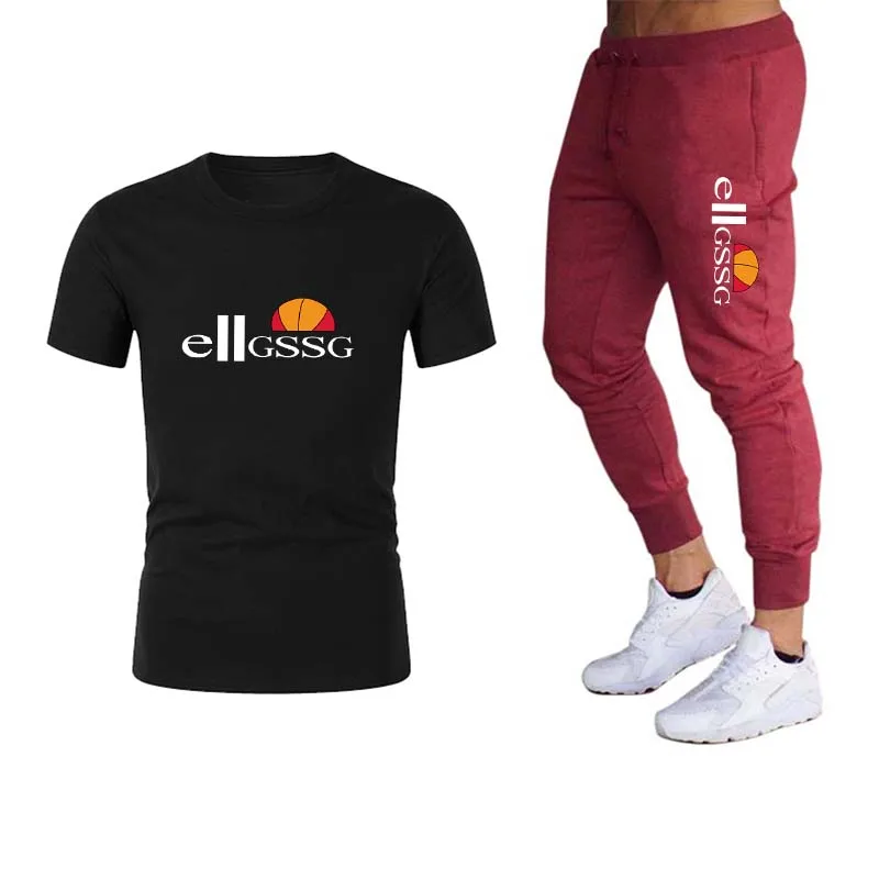 

2021 new fashion sports T-shirt men's spring and summer short-sleeved sports suit T-shirt + trousers two casual suits