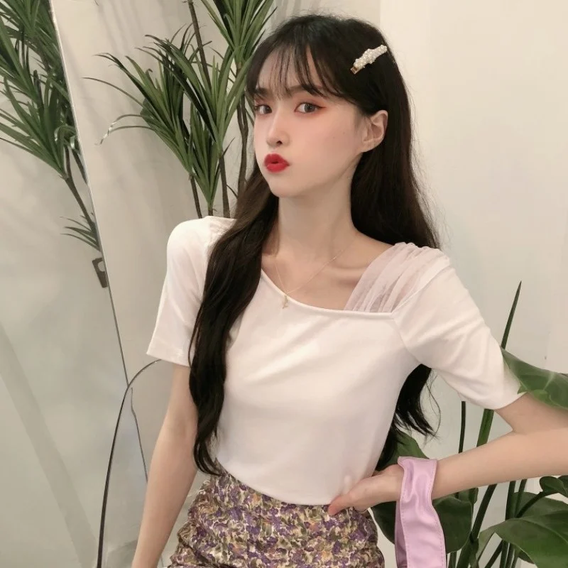 Темперамент сетки шить белая футболка с коротким рукавом женский Ins популярная