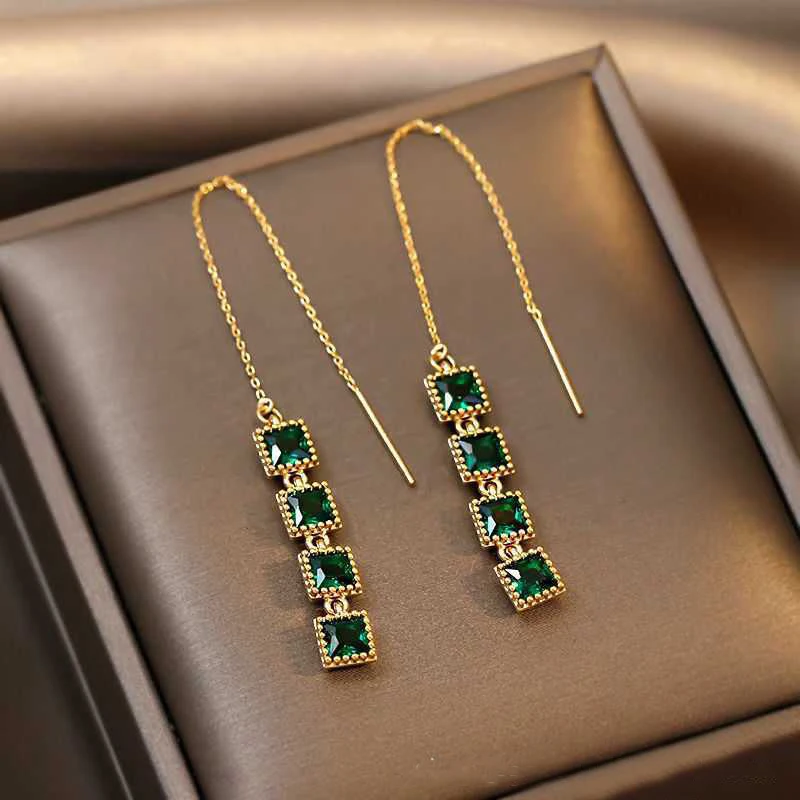 

ZN New Luxury Green Crystal Square Tassel Ear Line Korean Fashion Jewelry Party Exquisite Earrings For Women Girls