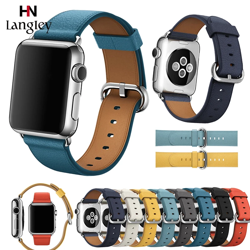 

Ремешок из натуральной кожи для Apple Watch 5/4/3/2/1 38 мм/42/44 мм/40 мм, Регулируемый классический браслет с пряжкой, 9 цветов