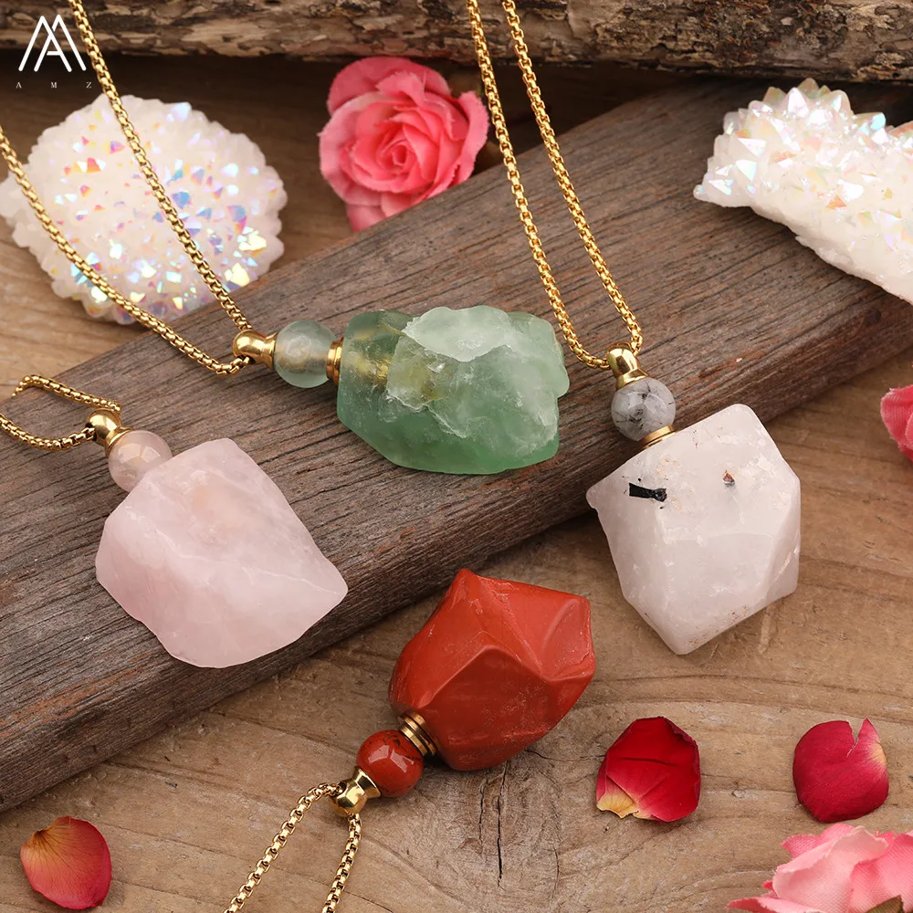 

Freeform Natural Roses Quartz Red Jaspers Stone Perfume Bottle Diffuser Pendant Necklace Women Healing Energy Bottle Jewelry