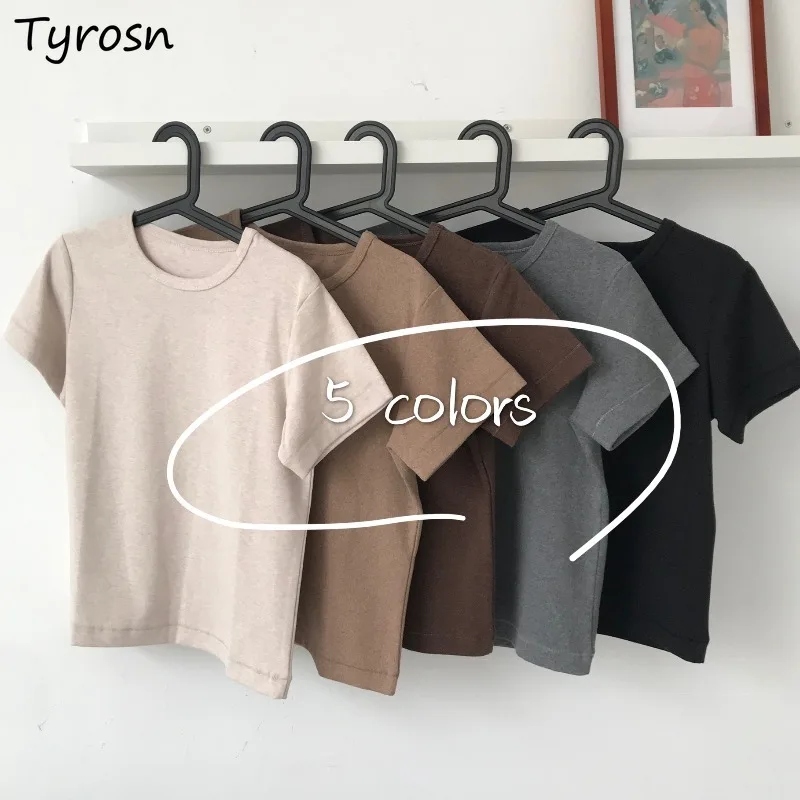 

Crop Top Summer Short Sleeve T-shirts Fashion Solid Slender Korean Style Ins Trendy O-neck Women All-match Ulzzang Simple New