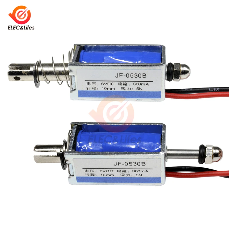 

JF-0530B DC 6V 12V 24V Push Pull Type Linear Solenoid Switch Open Frame Electromagnet Keepping Force 5N Travel 10mm Solenoid