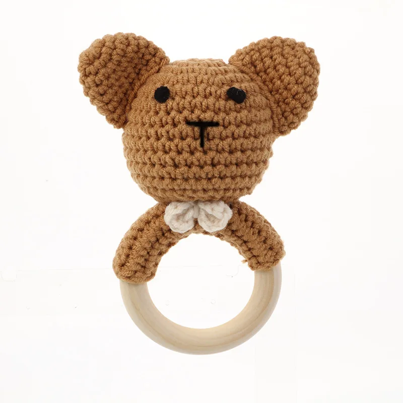 

Handmade Animal Bear Shaped Crochet Wooden Ring Rattle Teething Toy Baby Teether