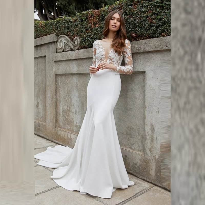 

Charming Summer Mermaid Lace Long Sleeve Bridal Wedding Gowns Illusion Bateau Neck Wedding Dresses for Bride Sheer Back Applique