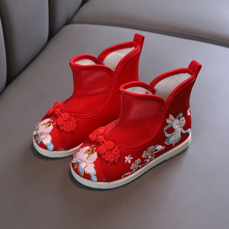 

Child Chinese Style Hanfu Embroidered Shoes Girls Boots Old Beijing Baby Cloth Shoes Folk Style Dance Shoes Short Boots Fashion